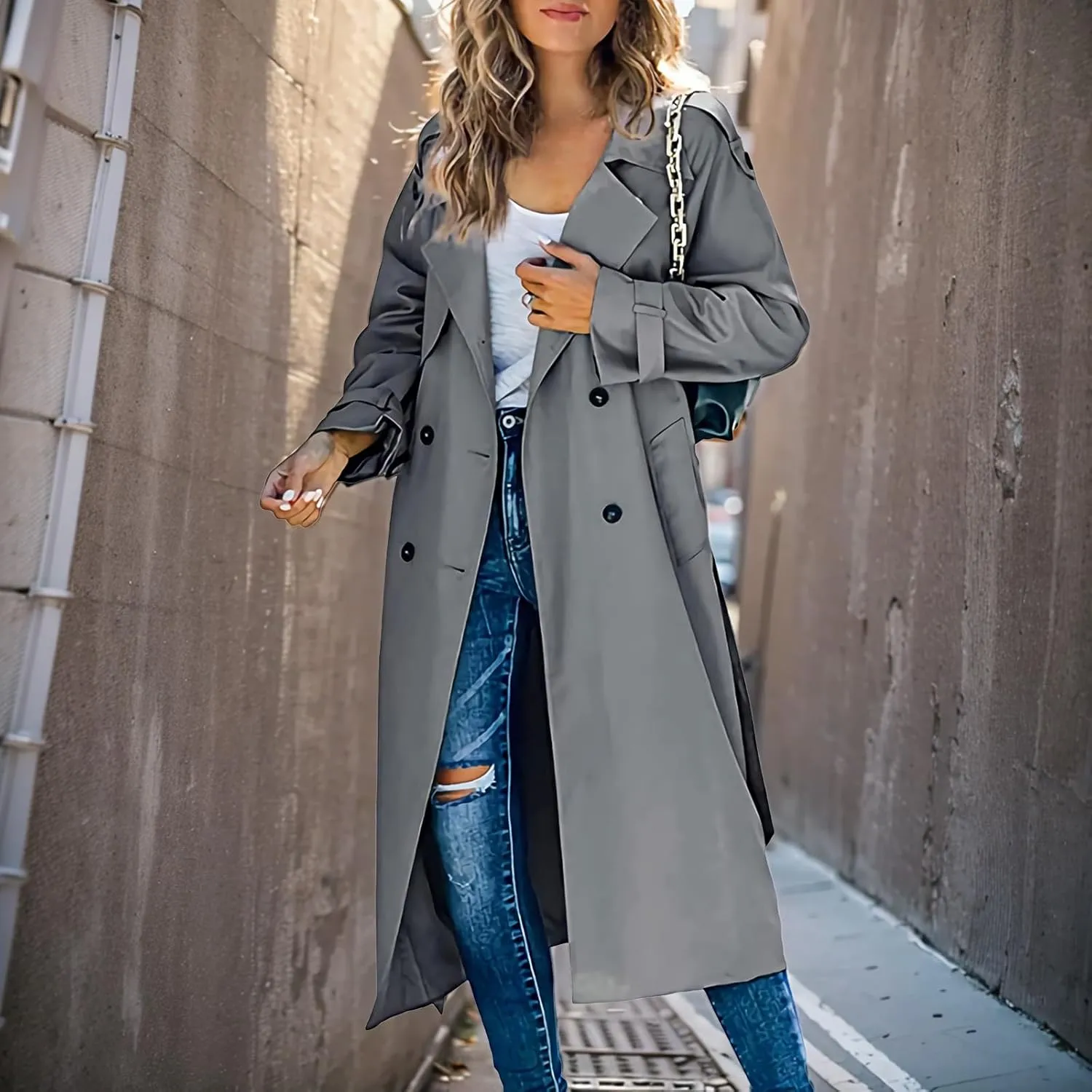 Trench Coat for Women Lapel Double Breasted Overcoat Long Trench Jacket Windproof Slim Fit Windbreaker with Belt