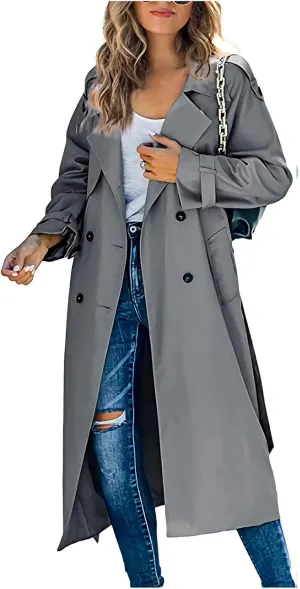 Trench Coat for Women Lapel Double Breasted Overcoat Long Trench Jacket Windproof Slim Fit Windbreaker with Belt