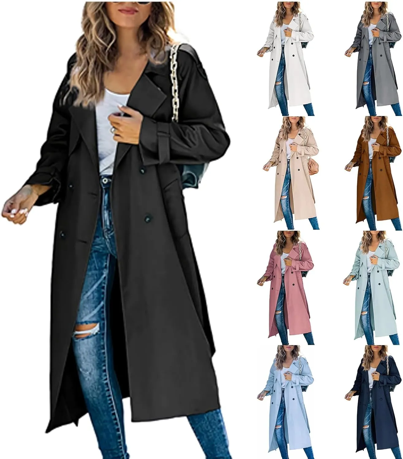 Trench Coat for Women Lapel Double Breasted Overcoat Long Trench Jacket Windproof Slim Fit Windbreaker with Belt
