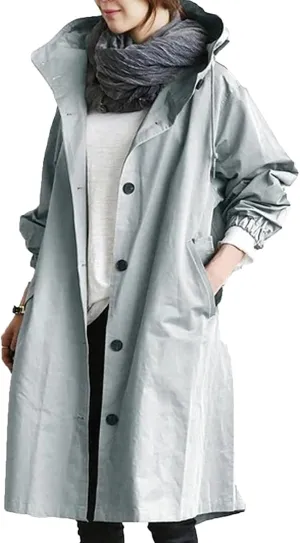 Trench Coat Women Casual Lightweight Single Breasted Hooded Trench Jacket Long Waterproof Windbreaker with Pocket