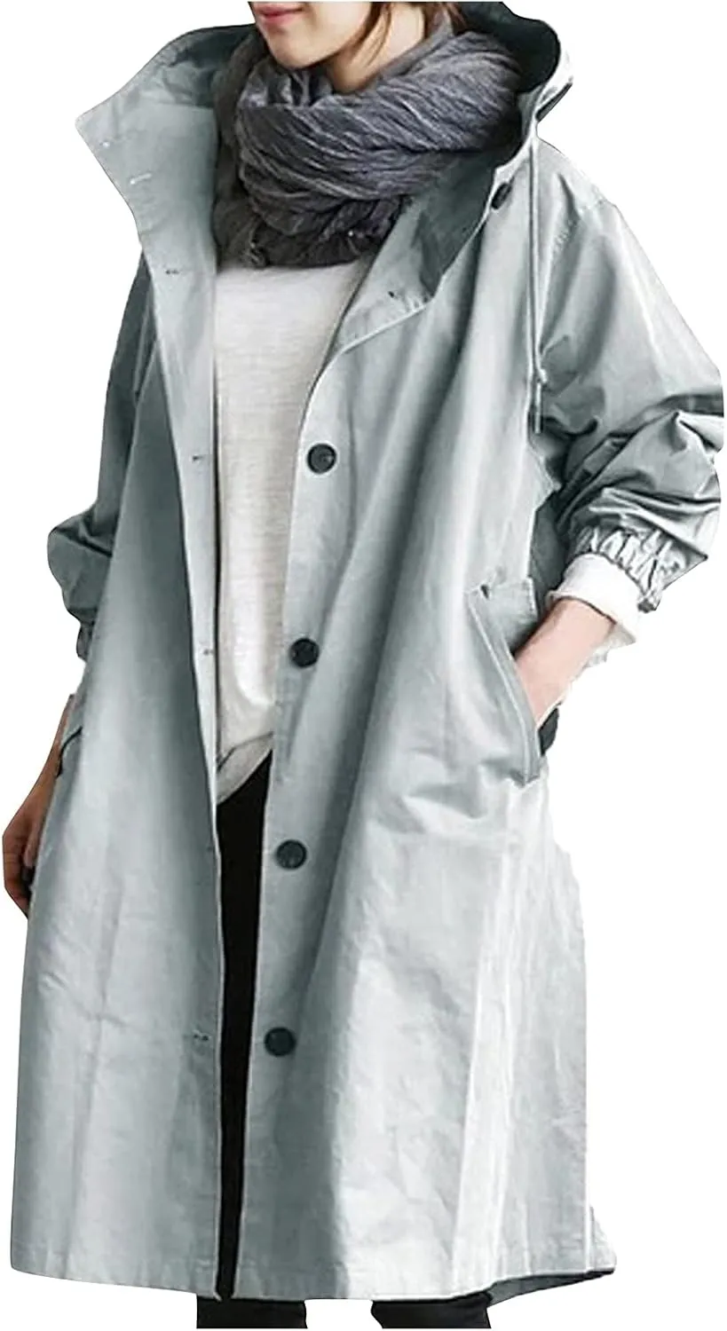 Trench Coat Women Casual Lightweight Single Breasted Hooded Trench Jacket Long Waterproof Windbreaker with Pocket