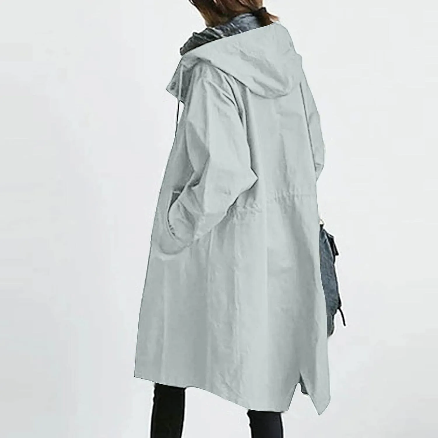 Trench Coat Women Casual Lightweight Single Breasted Hooded Trench Jacket Long Waterproof Windbreaker with Pocket