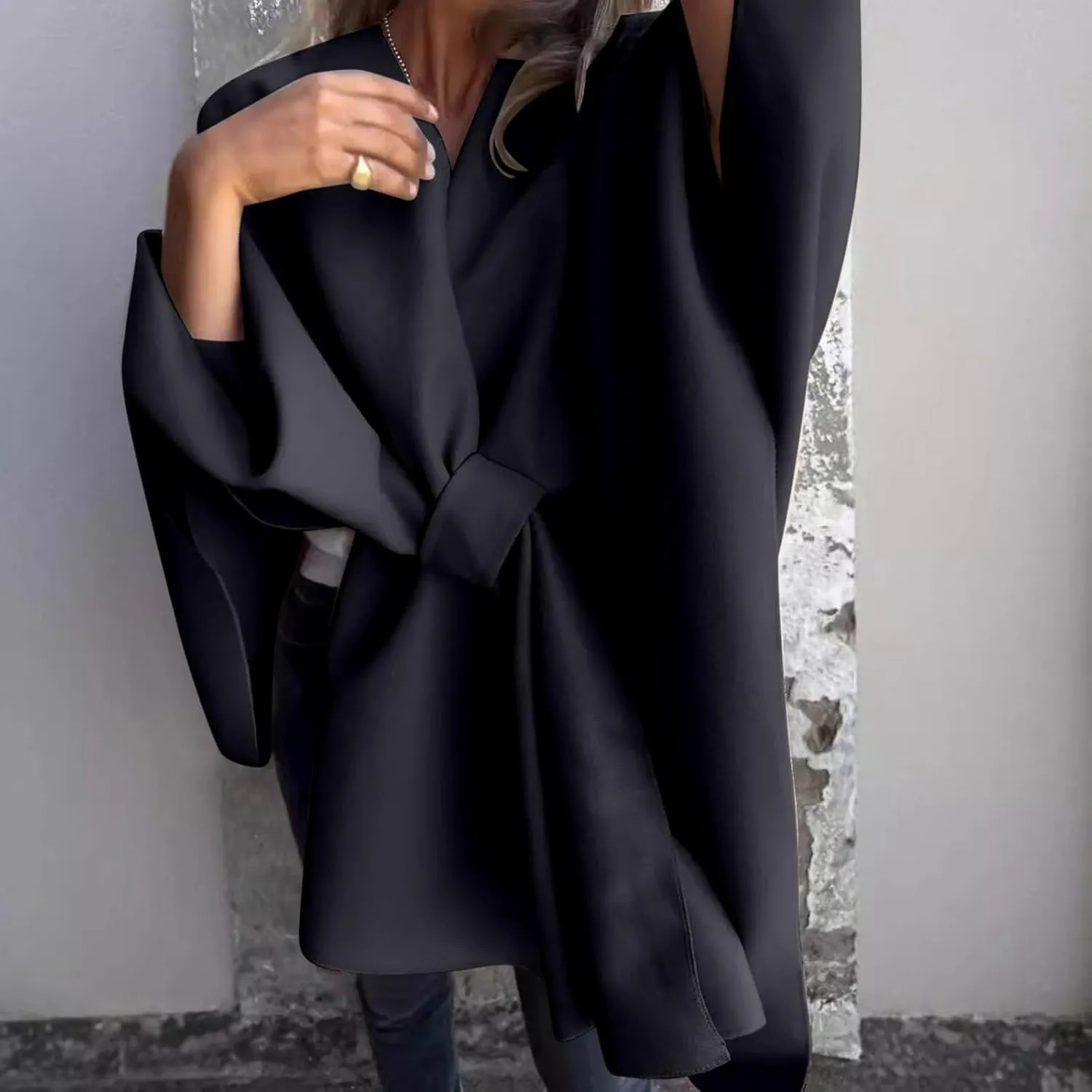 Trench Coat Women Oversized Cardigans V Neck Bat Sleeve Jackets Solid Color Fall Pea Coats Windproof Overcoat