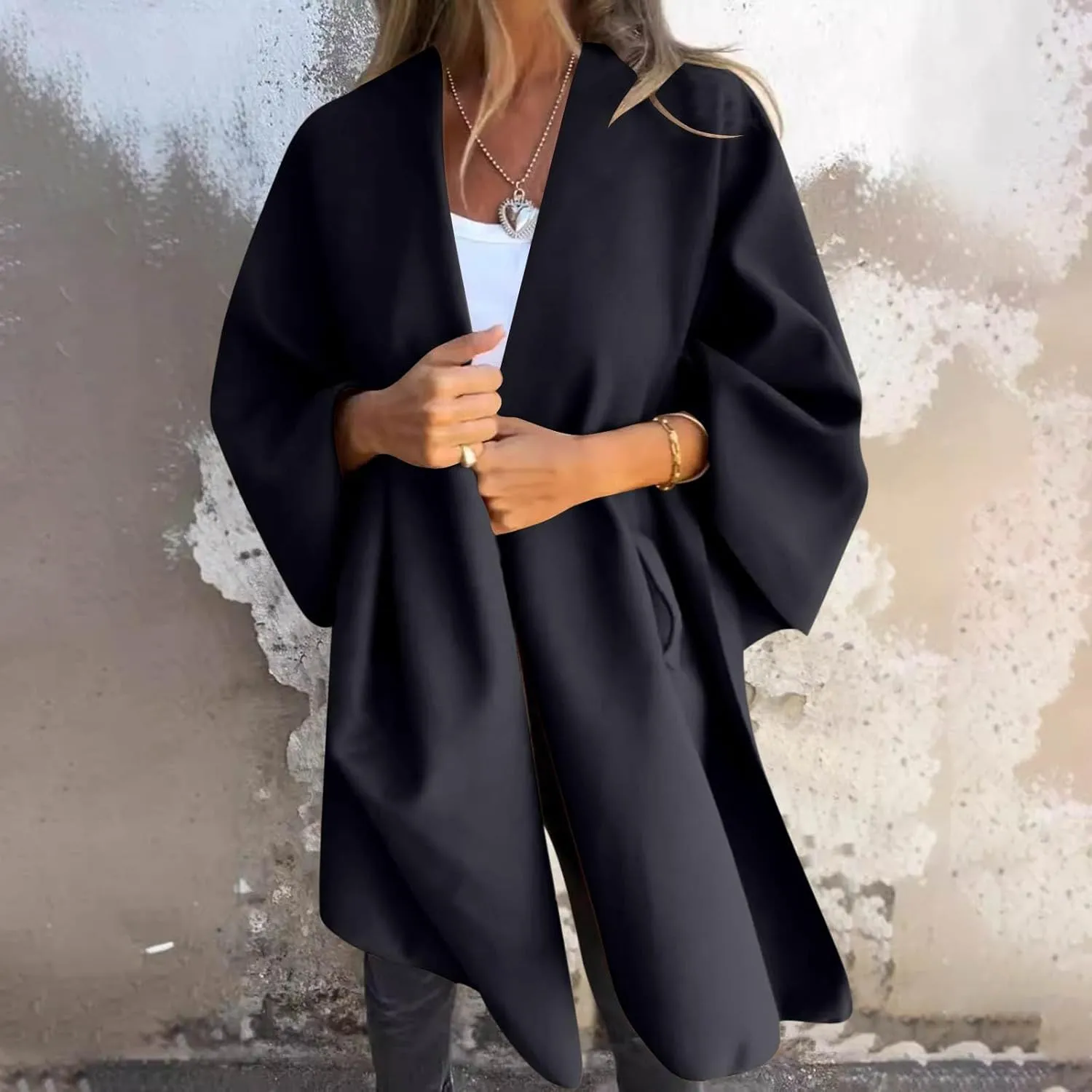 Trench Coat Women Oversized Cardigans V Neck Bat Sleeve Jackets Solid Color Fall Pea Coats Windproof Overcoat