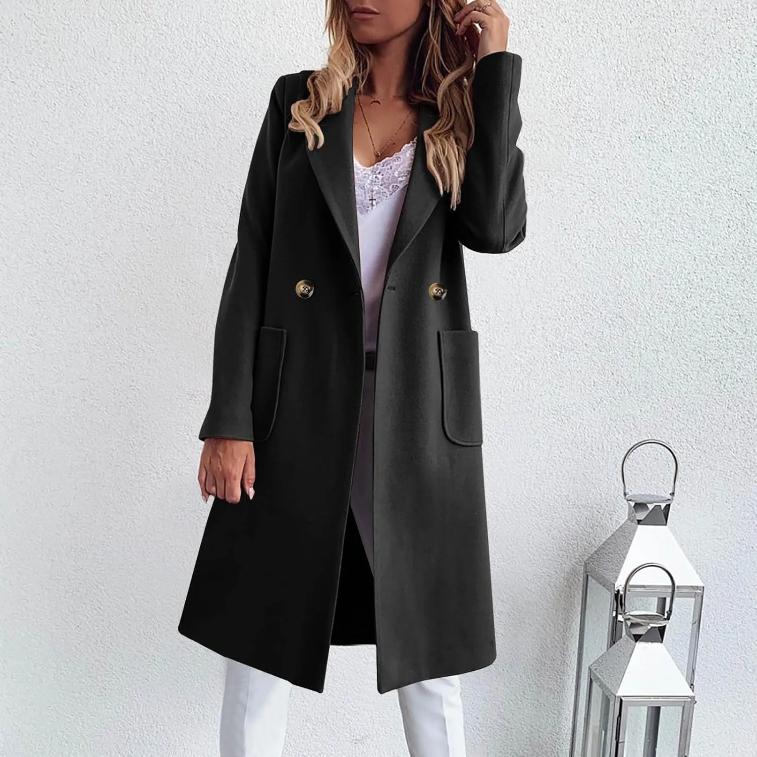 Trench Coats for Women, Mid Long Windproof Coat Single Breasted Winter Slim Fit Jacket Solid Windbreaker Outerwear