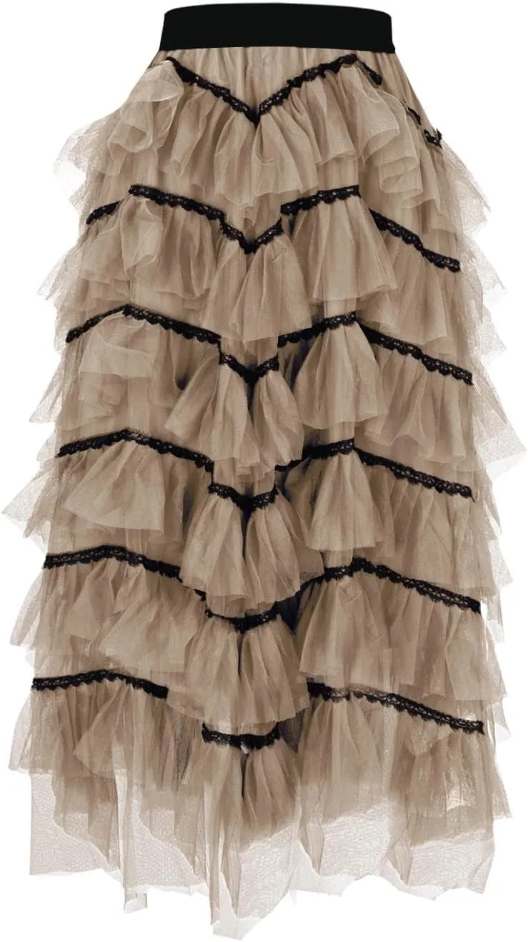 Tulle Skirt for Women Mesh Ballet Party Tutu Skirt Elegant A-Line Midi Skirt Elastic High Waist Tiered Skirts