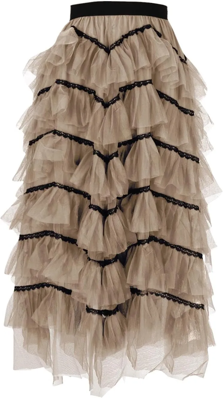 Tulle Skirt for Women Mesh Ballet Party Tutu Skirt Elegant A-Line Midi Skirt Elastic High Waist Tiered Skirts