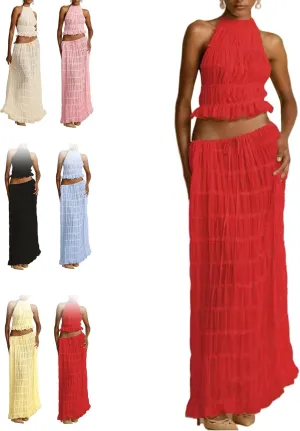 Two Piece Maxi Skirt Sets for Women Summer Backless Halter Beach Cami Top Long Skirt Going Out Set Women Y2k 2 Piece Outfits