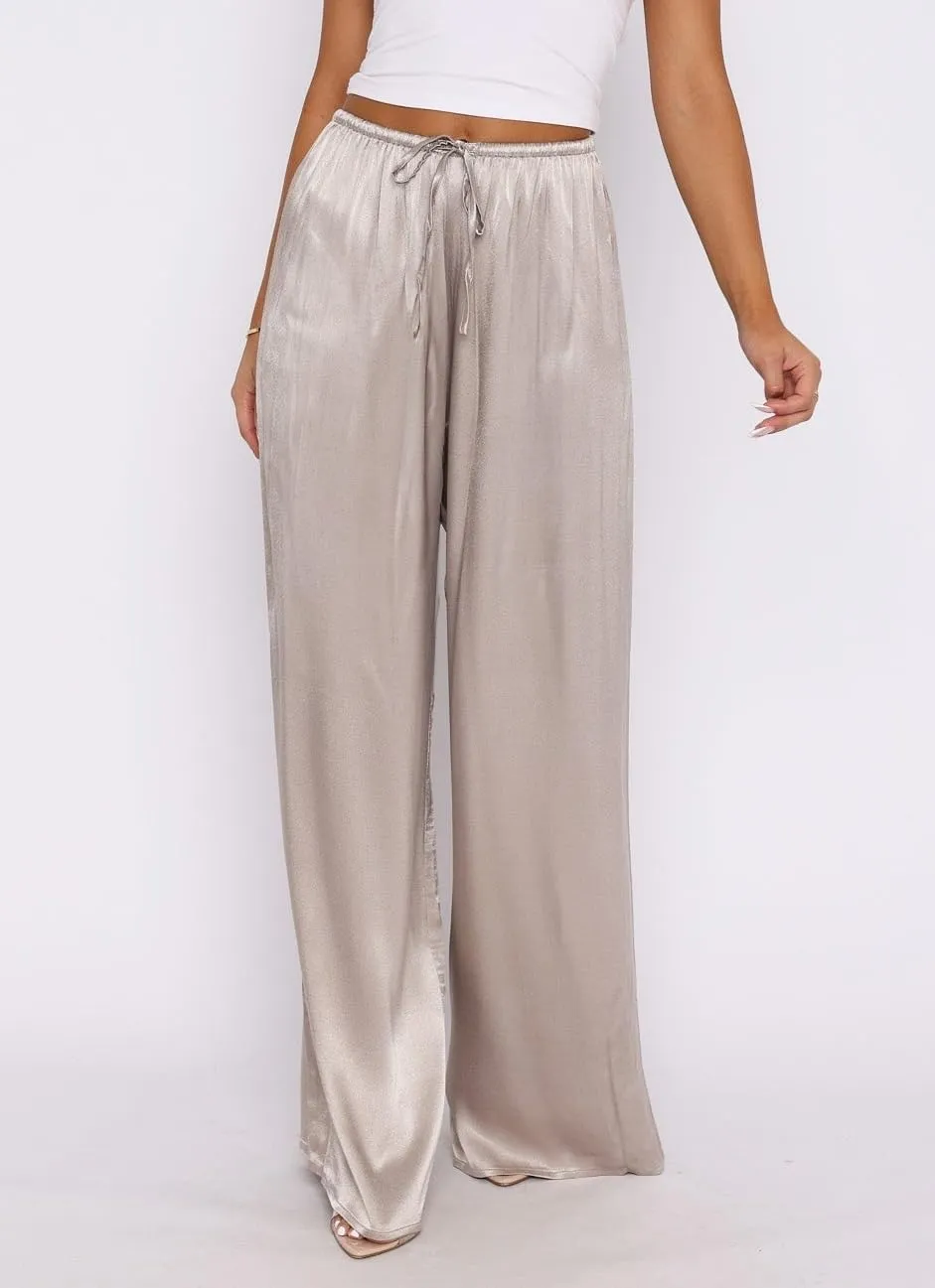 UAURORAO Satin Pants for Women Dressy Silk Wide Leg Lounge Pants Elastic Drawstring Casual Long Flowy Trousers