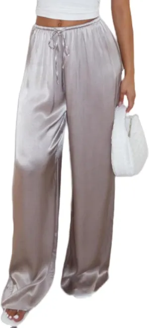 UAURORAO Satin Pants for Women Dressy Silk Wide Leg Lounge Pants Elastic Drawstring Casual Long Flowy Trousers