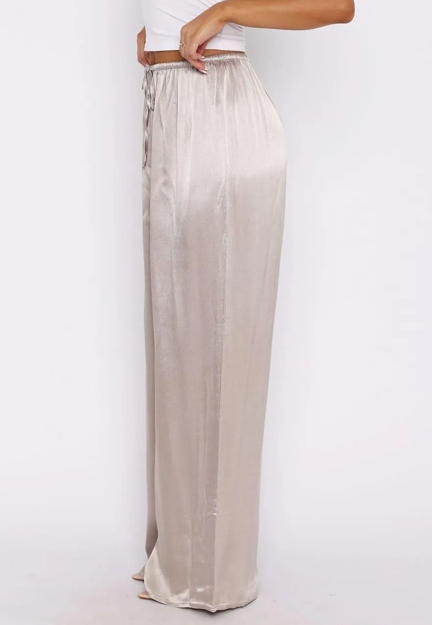 UAURORAO Satin Pants for Women Dressy Silk Wide Leg Lounge Pants Elastic Drawstring Casual Long Flowy Trousers