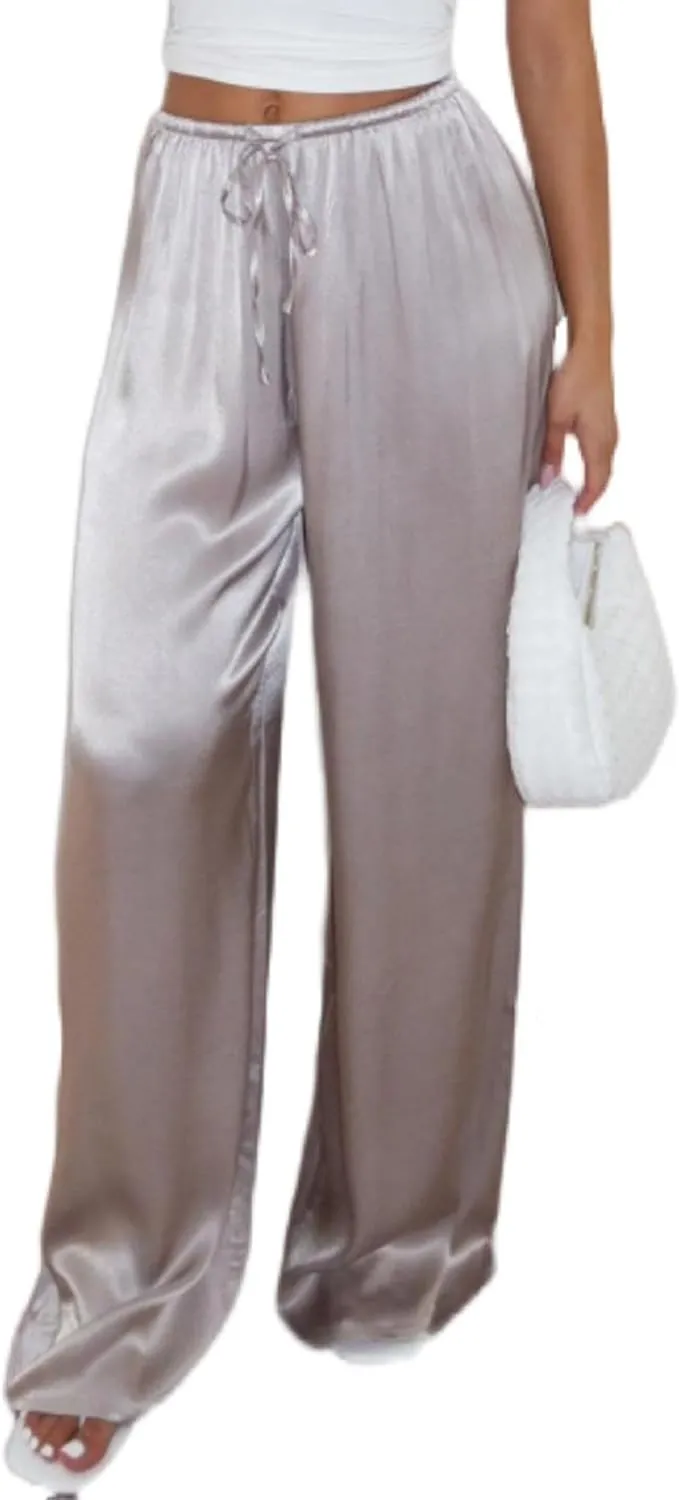 UAURORAO Satin Pants for Women Dressy Silk Wide Leg Lounge Pants Elastic Drawstring Casual Long Flowy Trousers