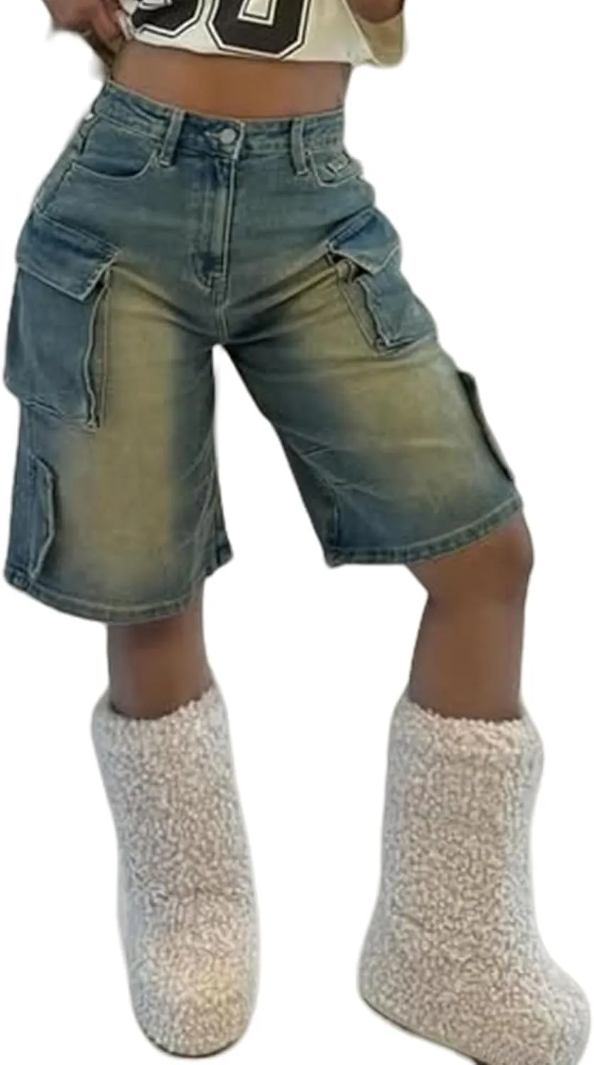 Unybwonn Women Denim Shorts High Waisted Distressed Straight Leg Cargo Shorts Casual Cargo Jean Shorts with Pockets