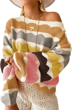 Urchics Womens Fall Long Sleeve Knit Sweater Oversized Drop Shoulder Striped Color Block Winter Pullover Sweater Tops