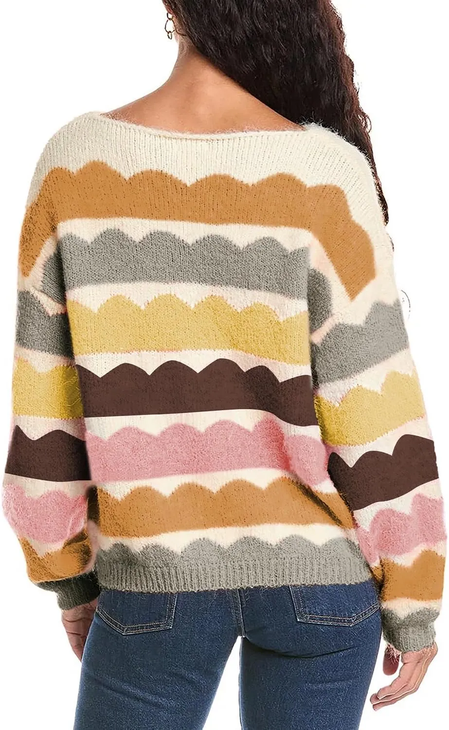 Urchics Womens Fall Long Sleeve Knit Sweater Oversized Drop Shoulder Striped Color Block Winter Pullover Sweater Tops