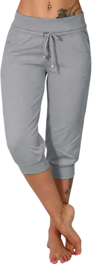 uSecee Womens Capri Sweatpants Drawstring Waist Cropped Yoga Joggers Casual Loose Lounge Pants Palazzo Trousers with Pockets