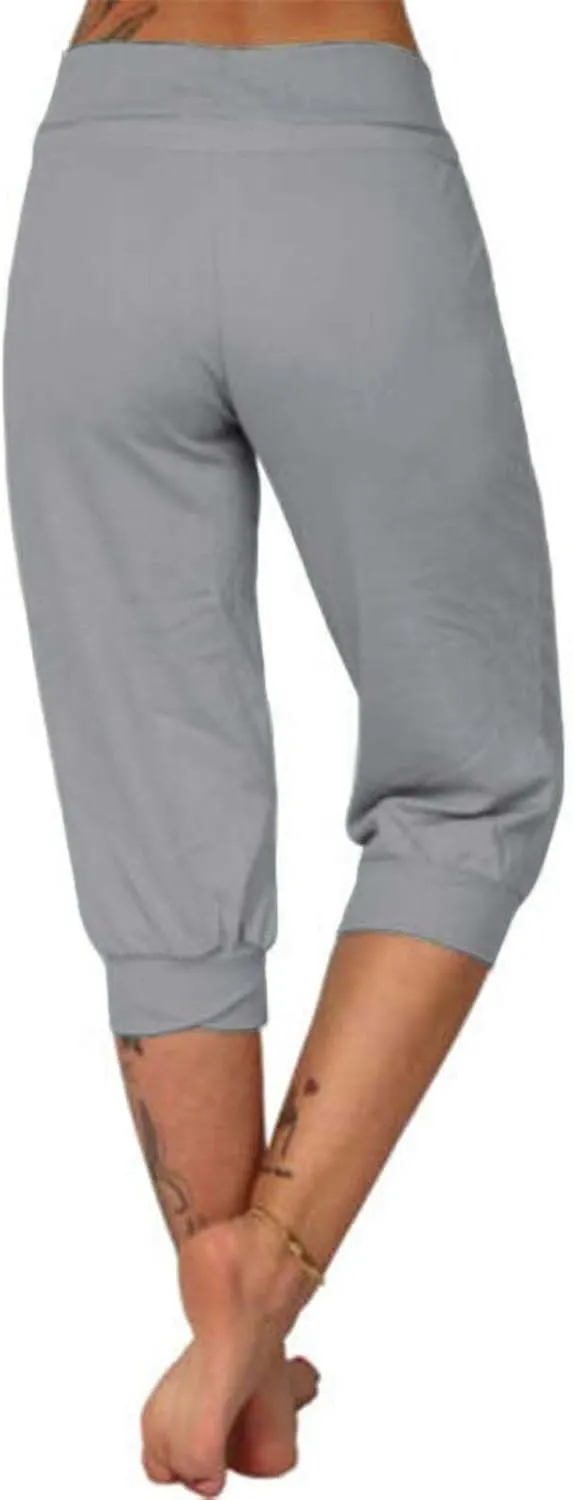 uSecee Womens Capri Sweatpants Drawstring Waist Cropped Yoga Joggers Casual Loose Lounge Pants Palazzo Trousers with Pockets
