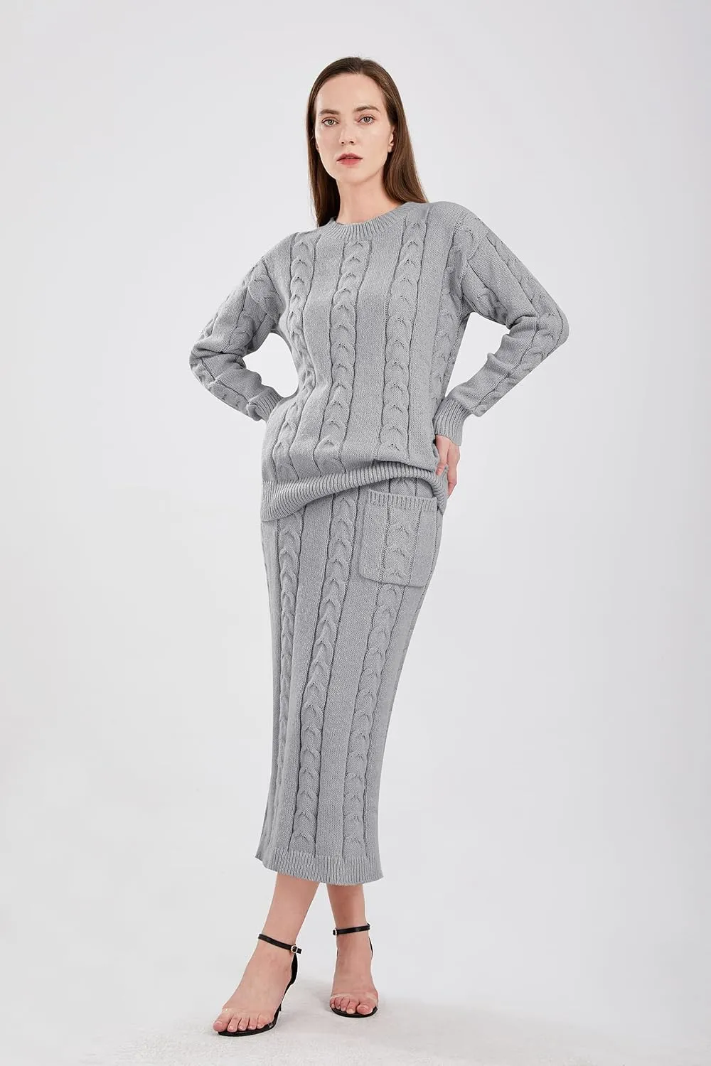 utcoco Womens Sweater Sets Winter Chunky Cable Knit 2 Piece Outfits Sweater Skirt Set