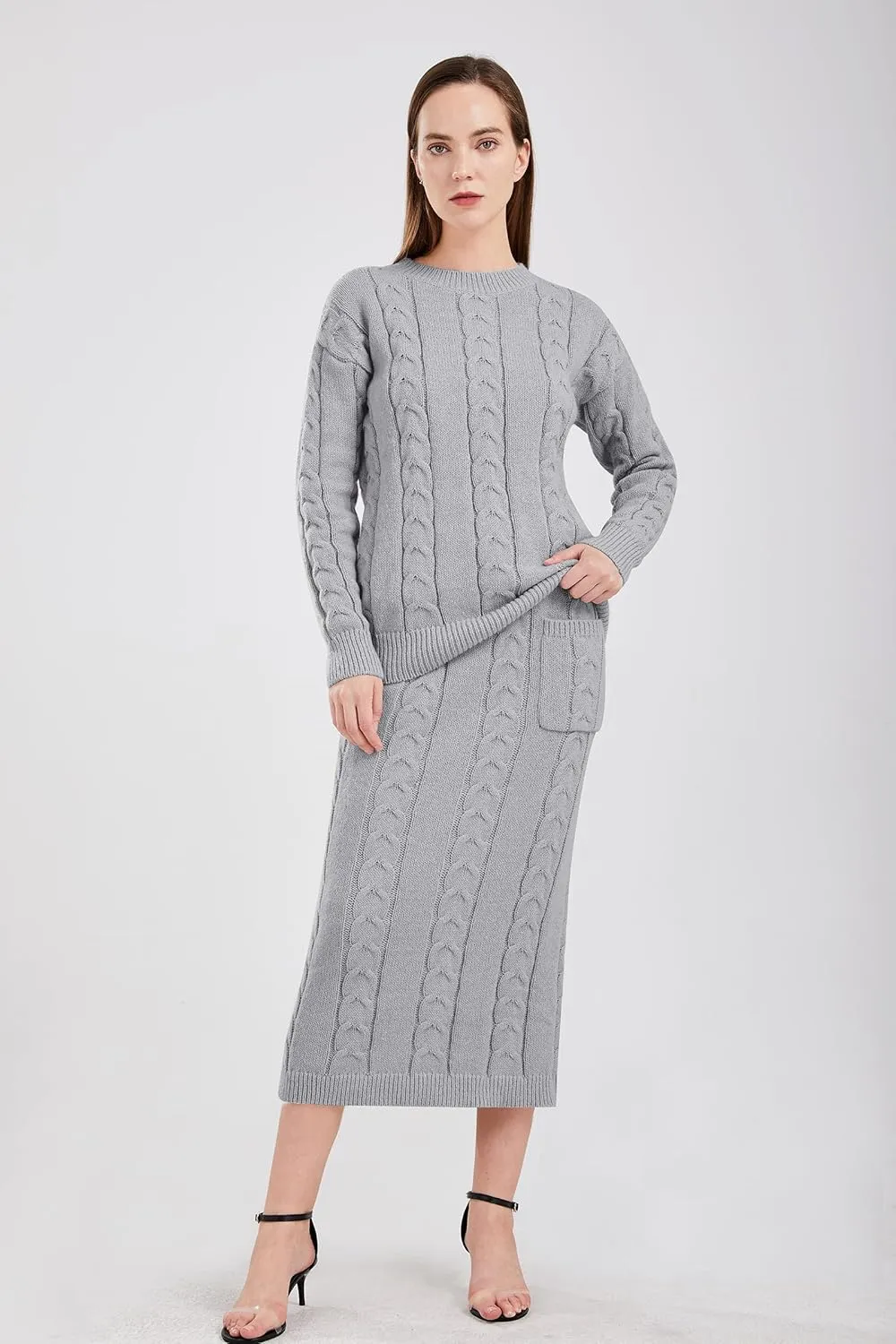 utcoco Womens Sweater Sets Winter Chunky Cable Knit 2 Piece Outfits Sweater Skirt Set
