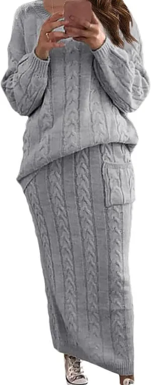 utcoco Womens Sweater Sets Winter Chunky Cable Knit 2 Piece Outfits Sweater Skirt Set