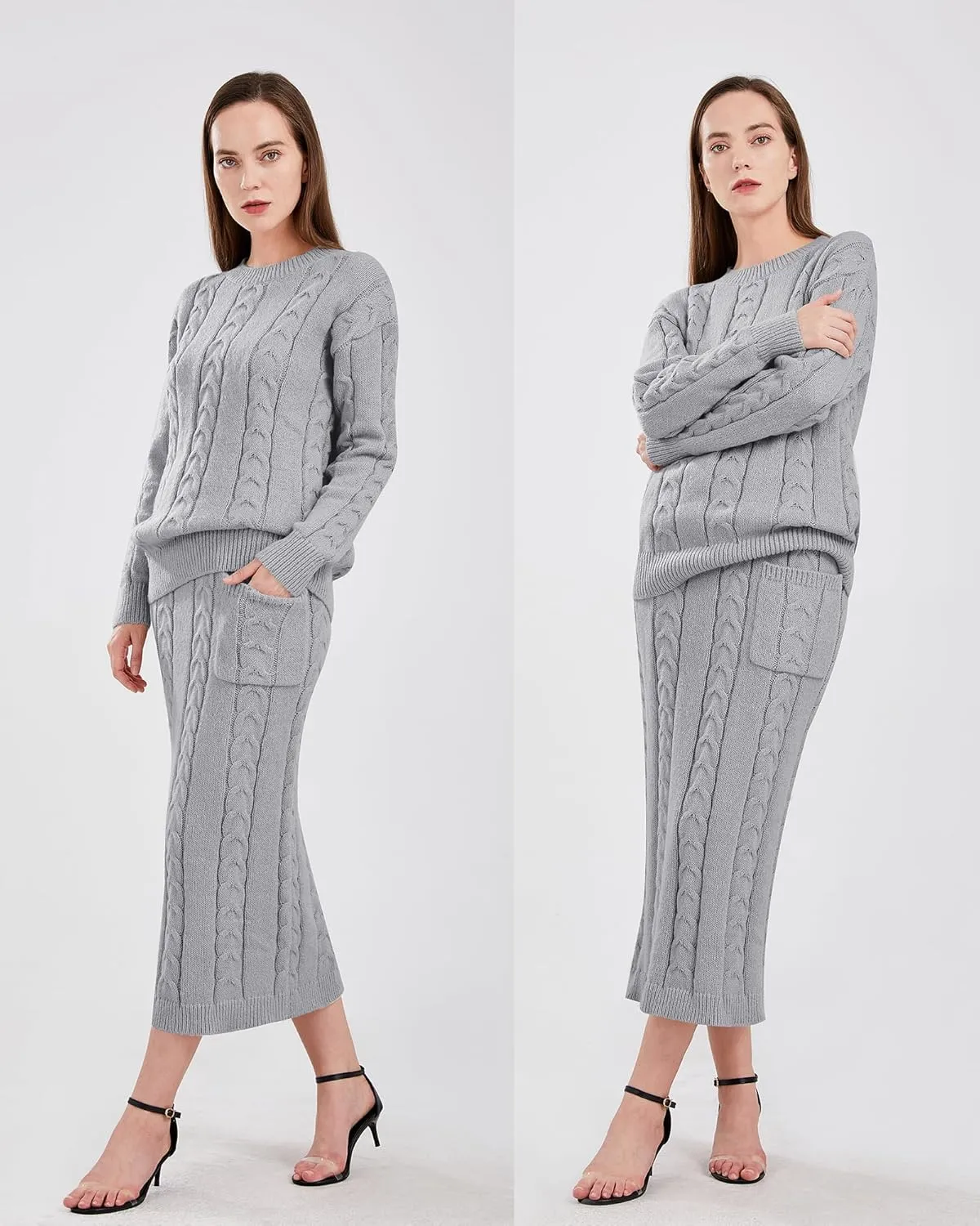 utcoco Womens Sweater Sets Winter Chunky Cable Knit 2 Piece Outfits Sweater Skirt Set