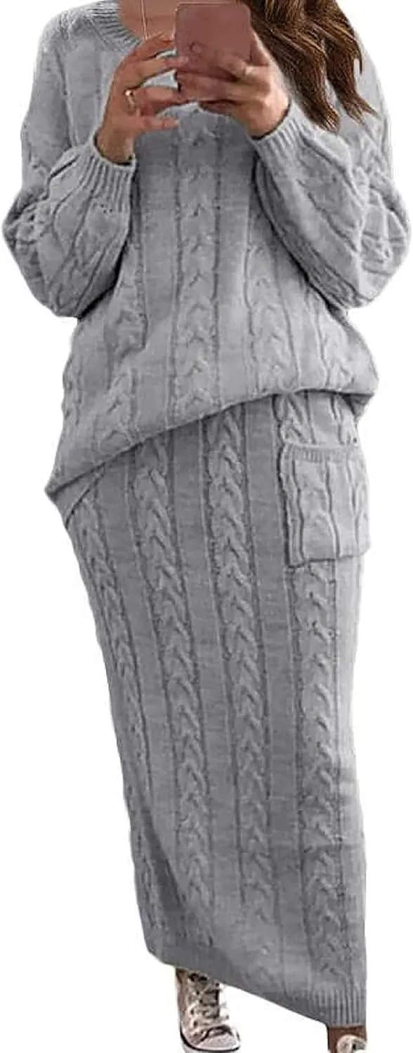 utcoco Womens Sweater Sets Winter Chunky Cable Knit 2 Piece Outfits Sweater Skirt Set