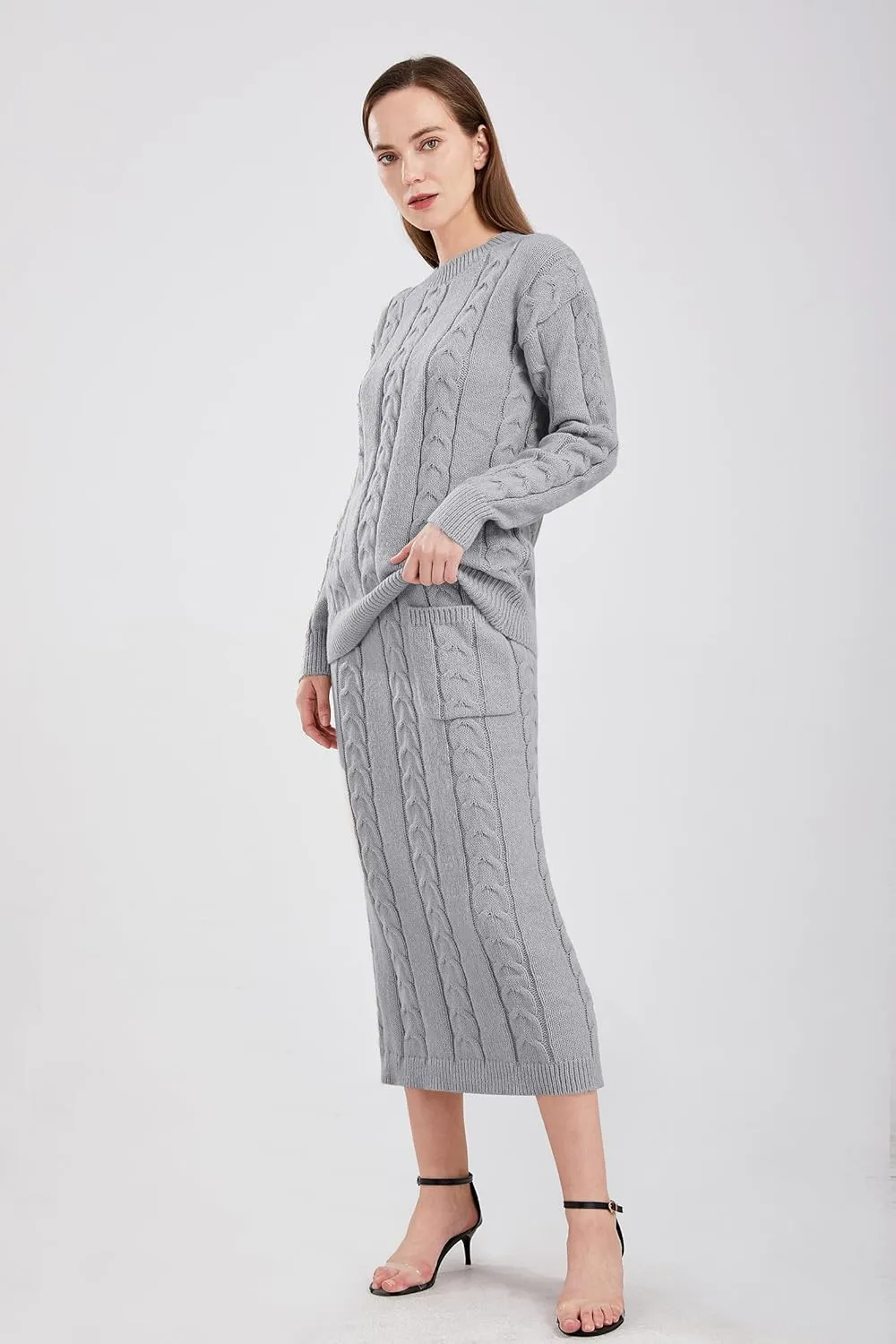 utcoco Womens Sweater Sets Winter Chunky Cable Knit 2 Piece Outfits Sweater Skirt Set