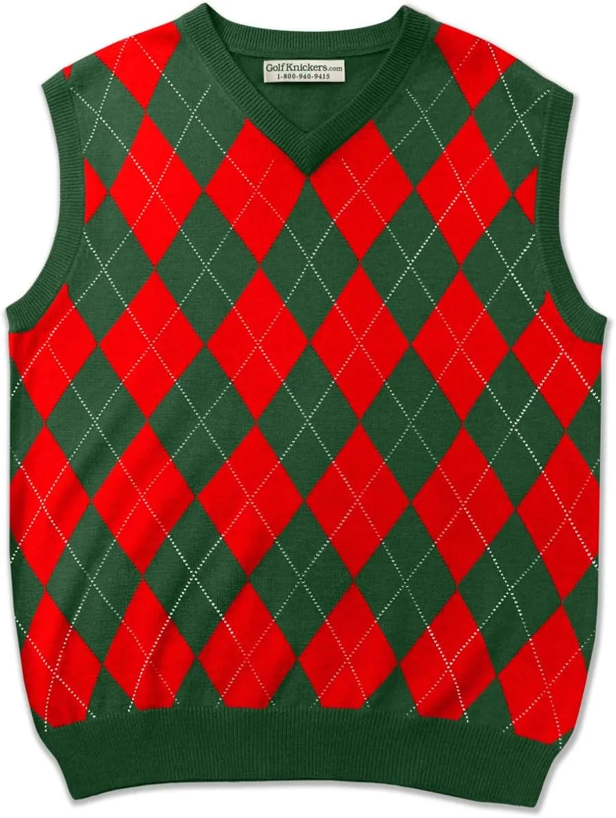V-Neck Argyle Golf Sweater Vests - GolfKnickers: Mens - Pullover - (EE-6Z)