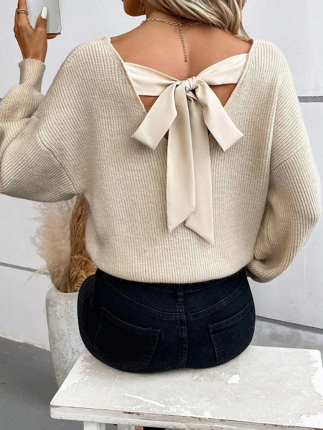 V Neck Sweaters Woman,Off The Shoulder Sweater Top,Fitted Long Sleeve Shirt Women,Tie Back Sweater,Knit Sweater