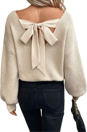 V Neck Sweaters Woman,Off The Shoulder Sweater Top,Fitted Long Sleeve Shirt Women,Tie Back Sweater,Knit Sweater