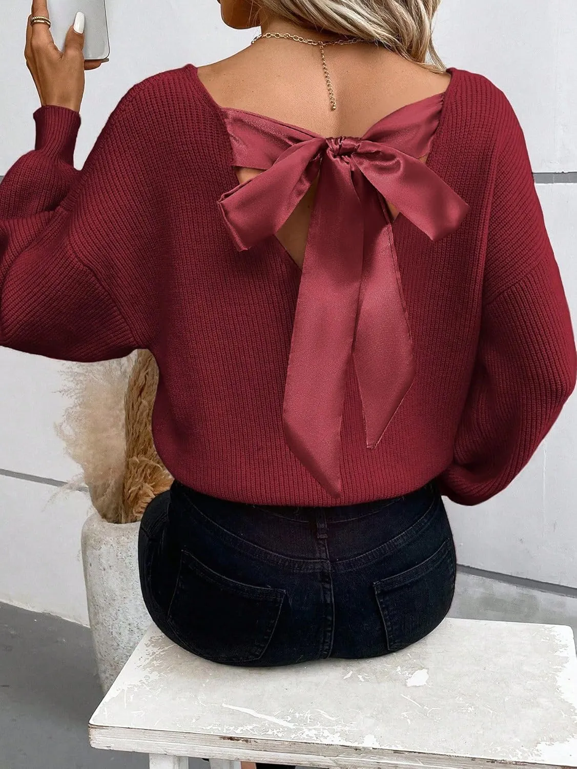 V Neck Sweaters Woman,Off The Shoulder Sweater Top,Fitted Long Sleeve Shirt Women,Tie Back Sweater,Knit Sweater