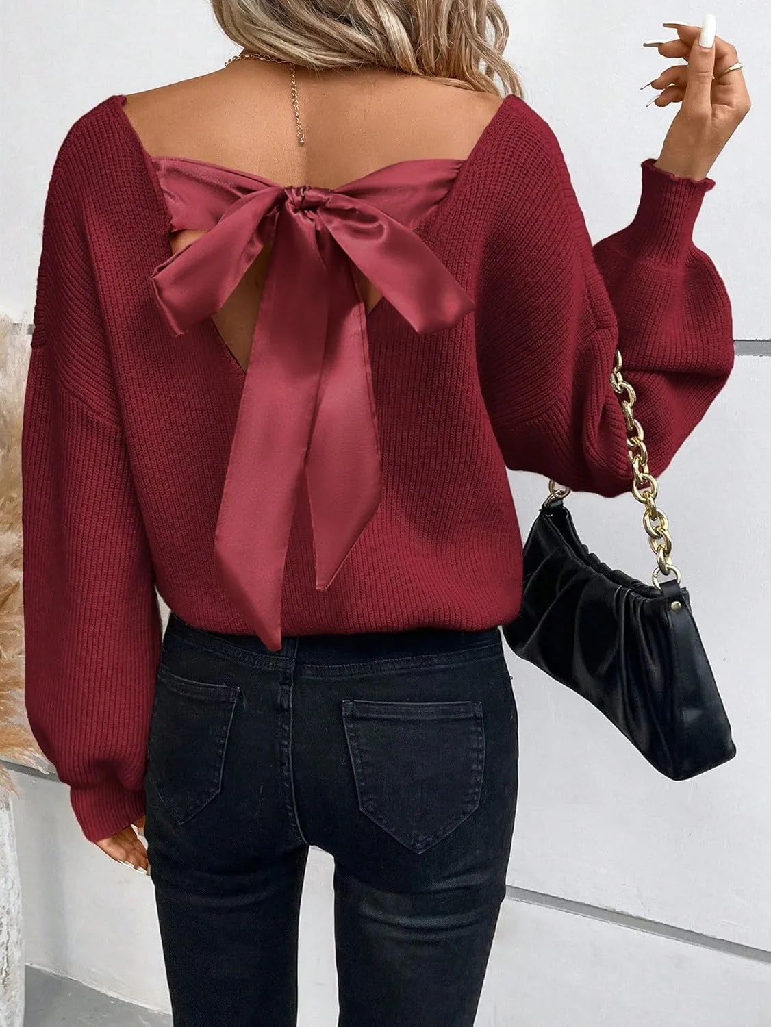 V Neck Sweaters Woman,Off The Shoulder Sweater Top,Fitted Long Sleeve Shirt Women,Tie Back Sweater,Knit Sweater
