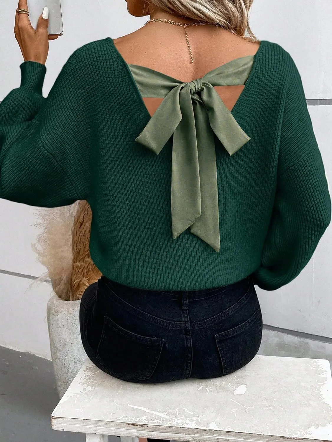 V Neck Sweaters Woman,Off The Shoulder Sweater Top,Fitted Long Sleeve Shirt Women,Tie Back Sweater,Knit Sweater