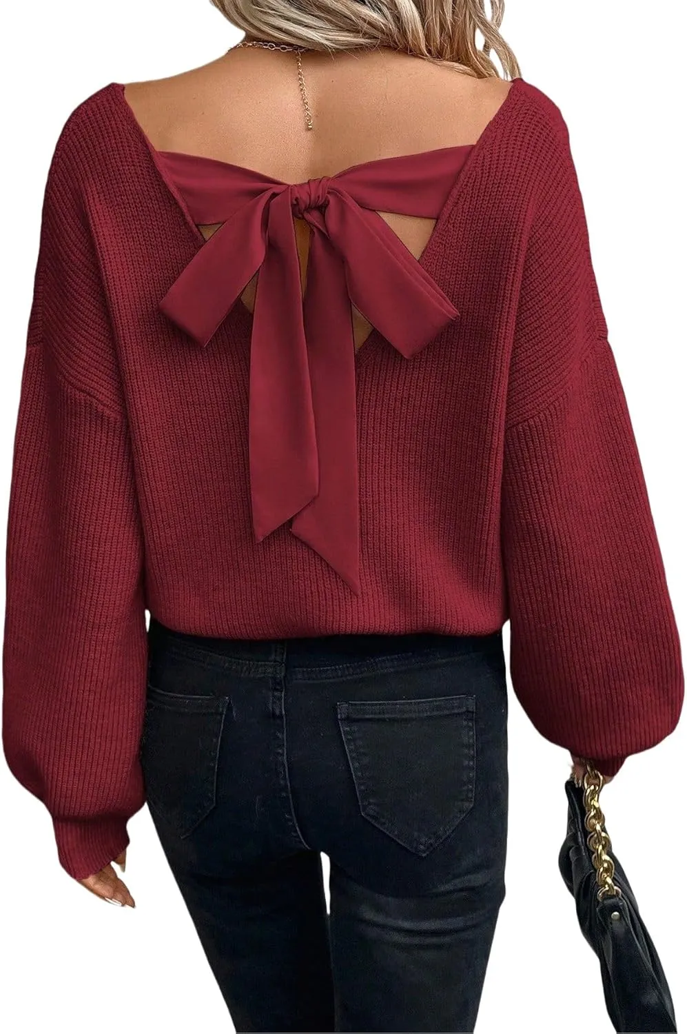 V Neck Sweaters Woman,Off The Shoulder Sweater Top,Fitted Long Sleeve Shirt Women,Tie Back Sweater,Knit Sweater