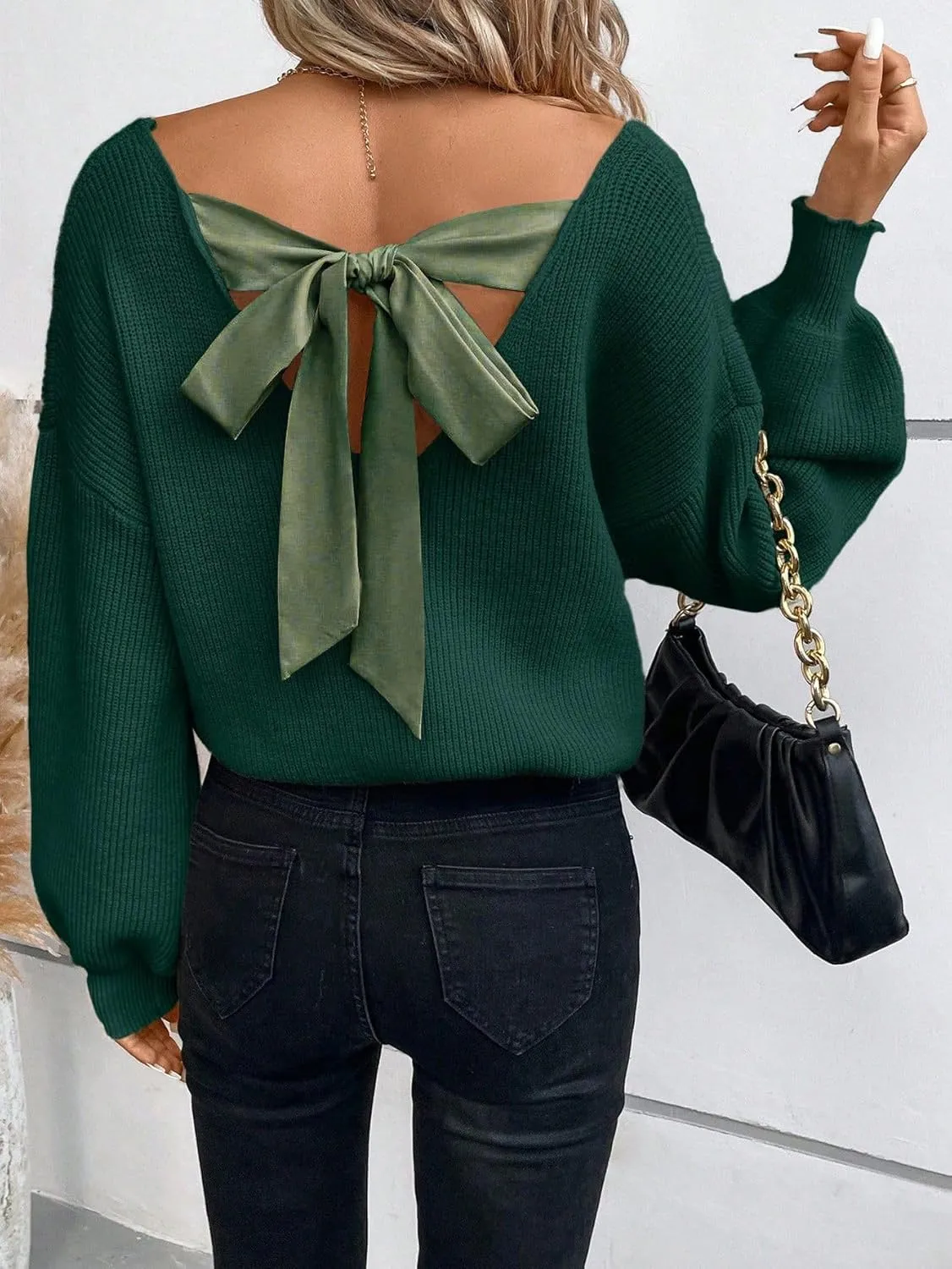 V Neck Sweaters Woman,Off The Shoulder Sweater Top,Fitted Long Sleeve Shirt Women,Tie Back Sweater,Knit Sweater