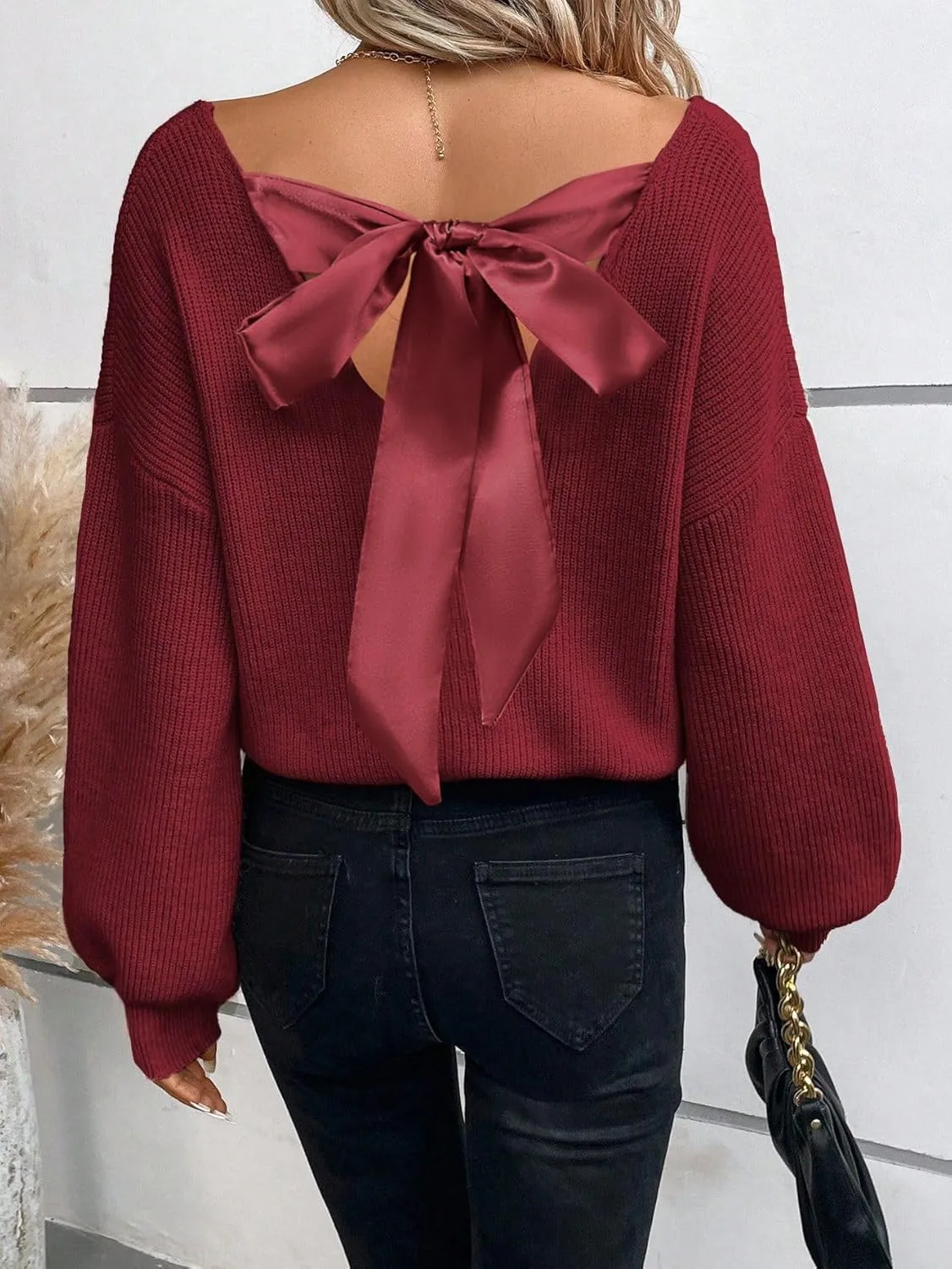 V Neck Sweaters Woman,Off The Shoulder Sweater Top,Fitted Long Sleeve Shirt Women,Tie Back Sweater,Knit Sweater