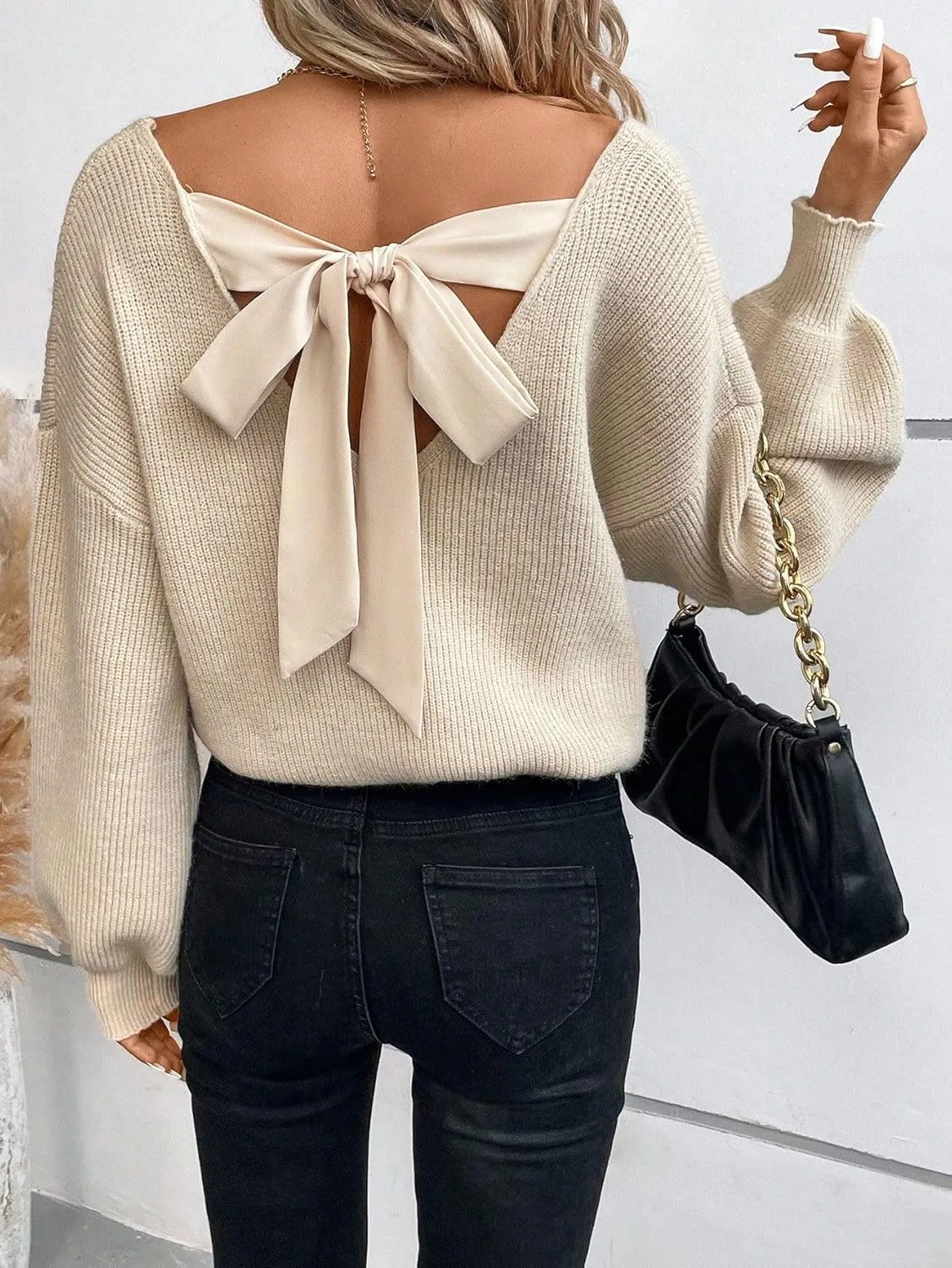 V Neck Sweaters Woman,Off The Shoulder Sweater Top,Fitted Long Sleeve Shirt Women,Tie Back Sweater,Knit Sweater