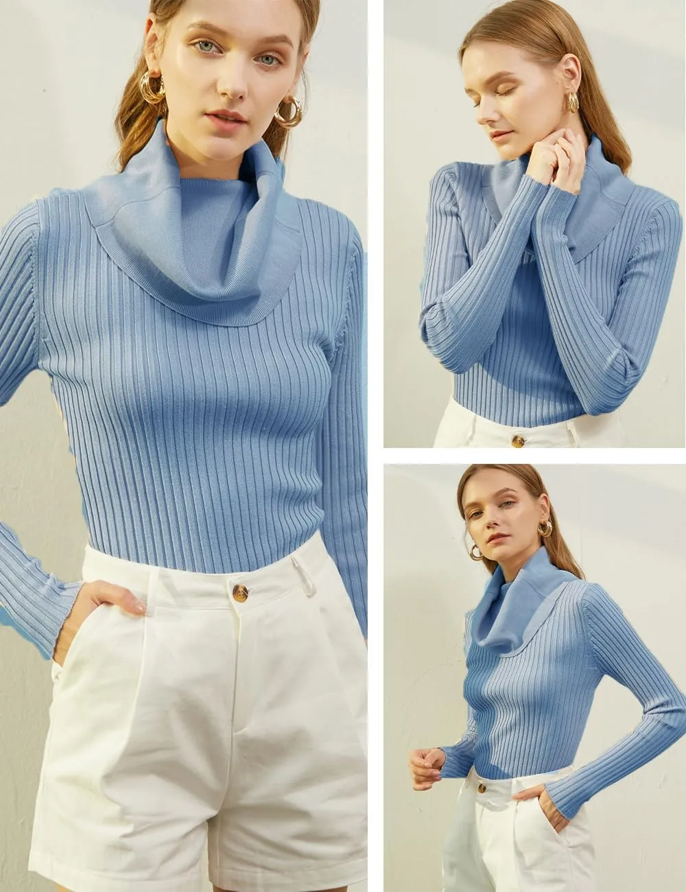 v28 Womens Stretchable Cowl Neck Knit Long Sleeve Slim Fit Bodycon Sexy Sweater