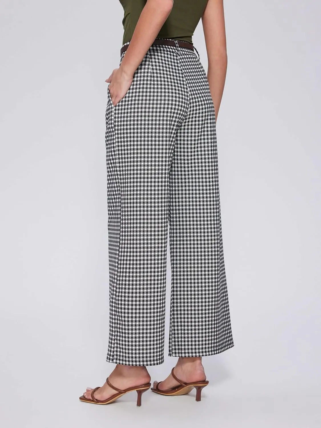 Vinova Womens Wide Straight Leg Pants Summer Plaid Pleated High Waisted Casual Work Pants