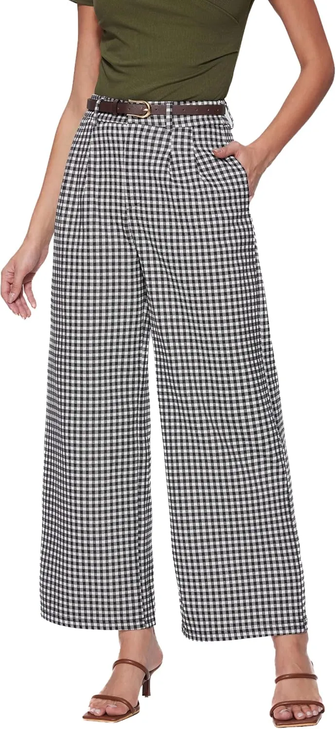 Vinova Womens Wide Straight Leg Pants Summer Plaid Pleated High Waisted Casual Work Pants
