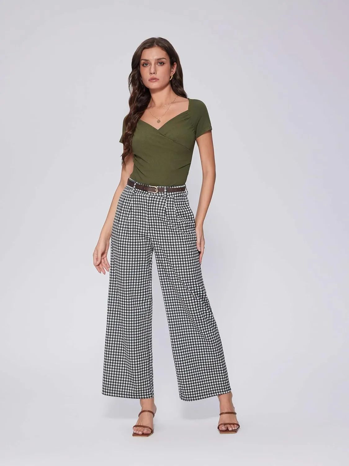 Vinova Womens Wide Straight Leg Pants Summer Plaid Pleated High Waisted Casual Work Pants
