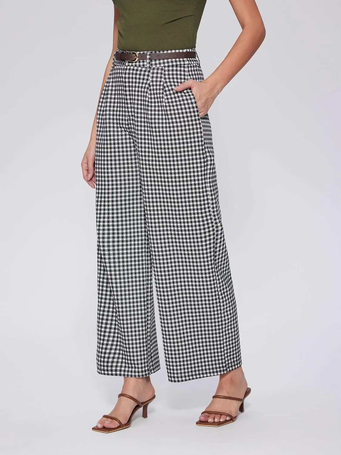 Vinova Womens Wide Straight Leg Pants Summer Plaid Pleated High Waisted Casual Work Pants