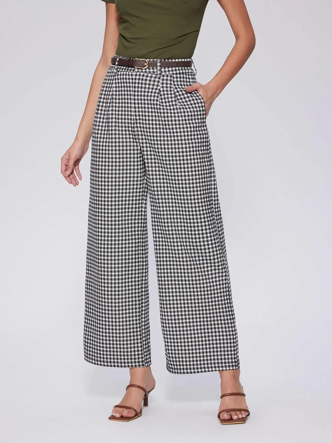 Vinova Womens Wide Straight Leg Pants Summer Plaid Pleated High Waisted Casual Work Pants