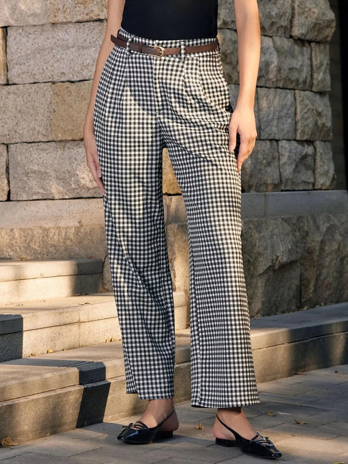 Vinova Womens Wide Straight Leg Pants Summer Plaid Pleated High Waisted Casual Work Pants