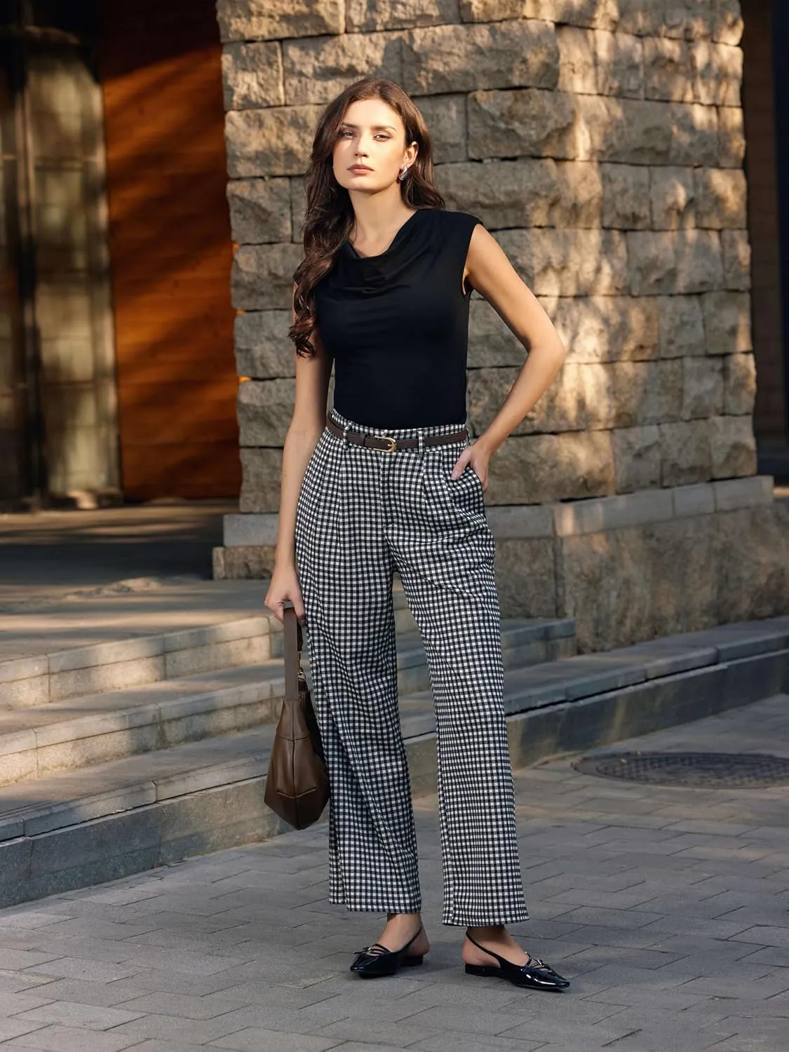 Vinova Womens Wide Straight Leg Pants Summer Plaid Pleated High Waisted Casual Work Pants