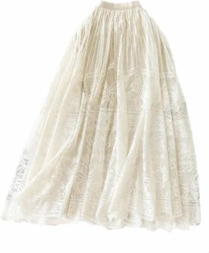 Vintage Mesh Midi Skirts for Women Fashion Embroidery High Waist A-Line Skirts Casual Pleated Flowy Half Skirts