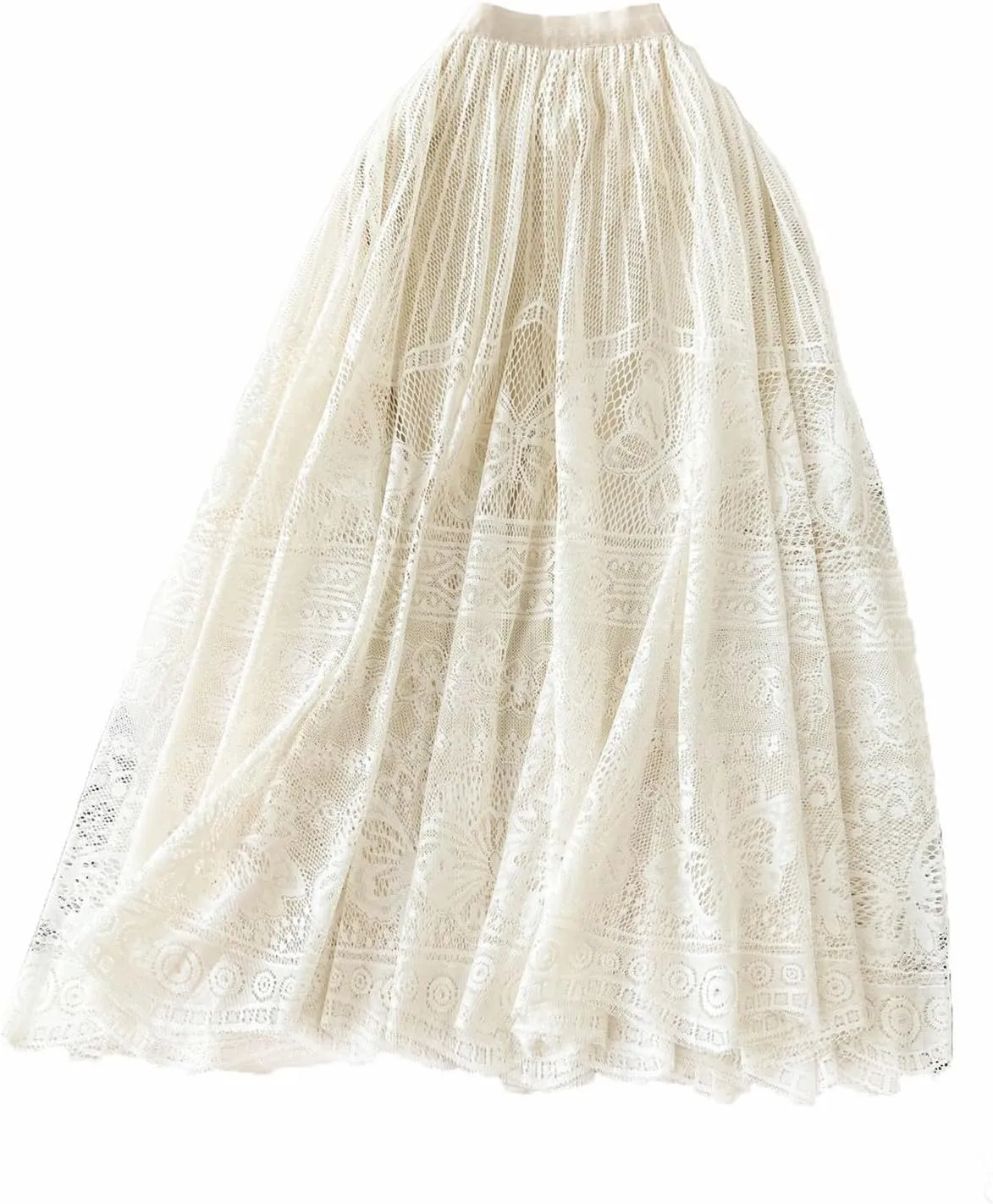 Vintage Mesh Midi Skirts for Women Fashion Embroidery High Waist A-Line Skirts Casual Pleated Flowy Half Skirts