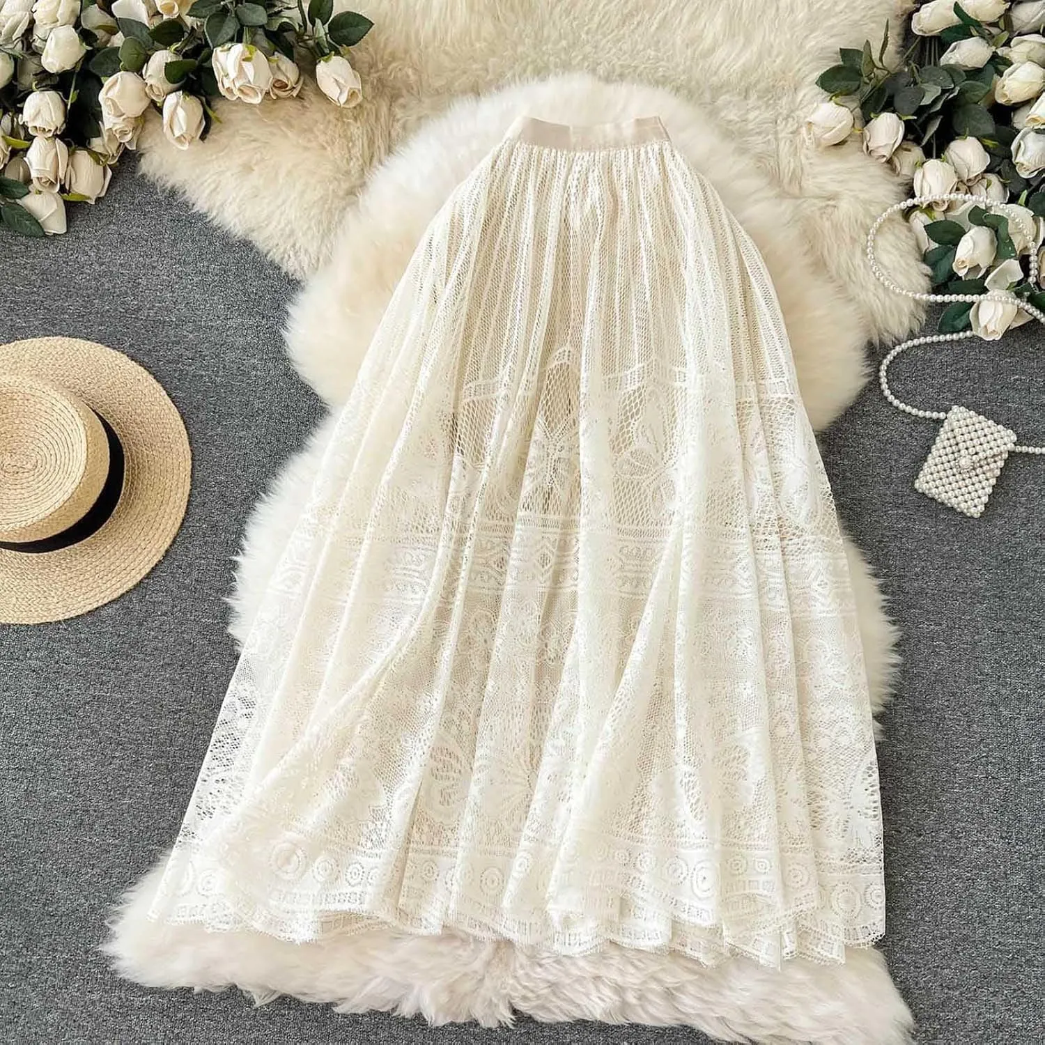 Vintage Mesh Midi Skirts for Women Fashion Embroidery High Waist A-Line Skirts Casual Pleated Flowy Half Skirts