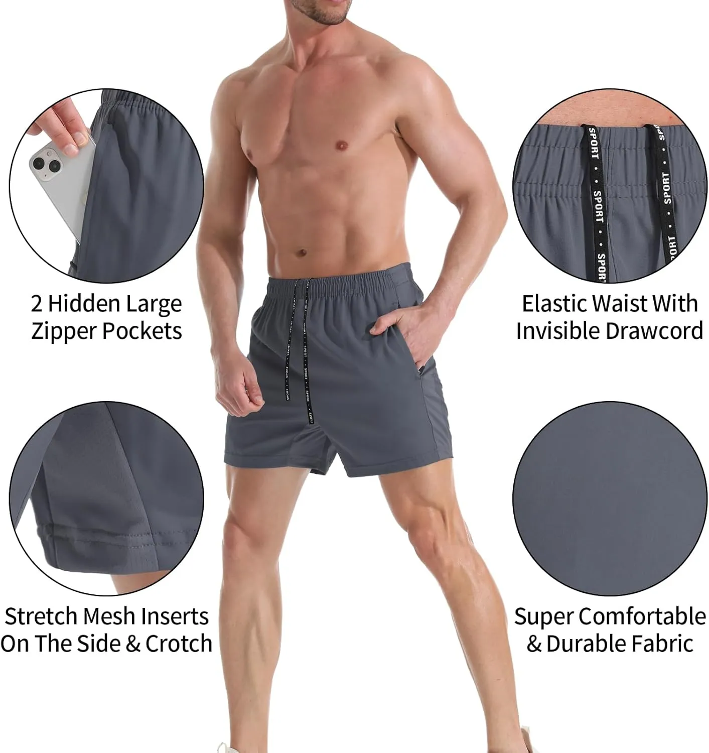 VPOS Gym Shorts for Men 5 Inch - Lightweight Mens Athletic Shorts Quick Dry Workout Running Shorts with Zipper Pockets