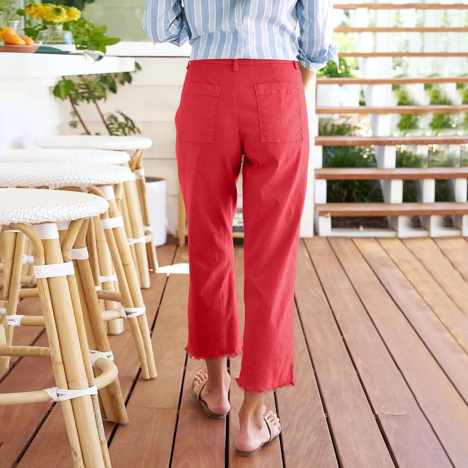 Wide Leg Dress Pants for Women Frayed Hem Elastic High Waisted Linen Pants Casual Summer Cropped Pants with Pockets